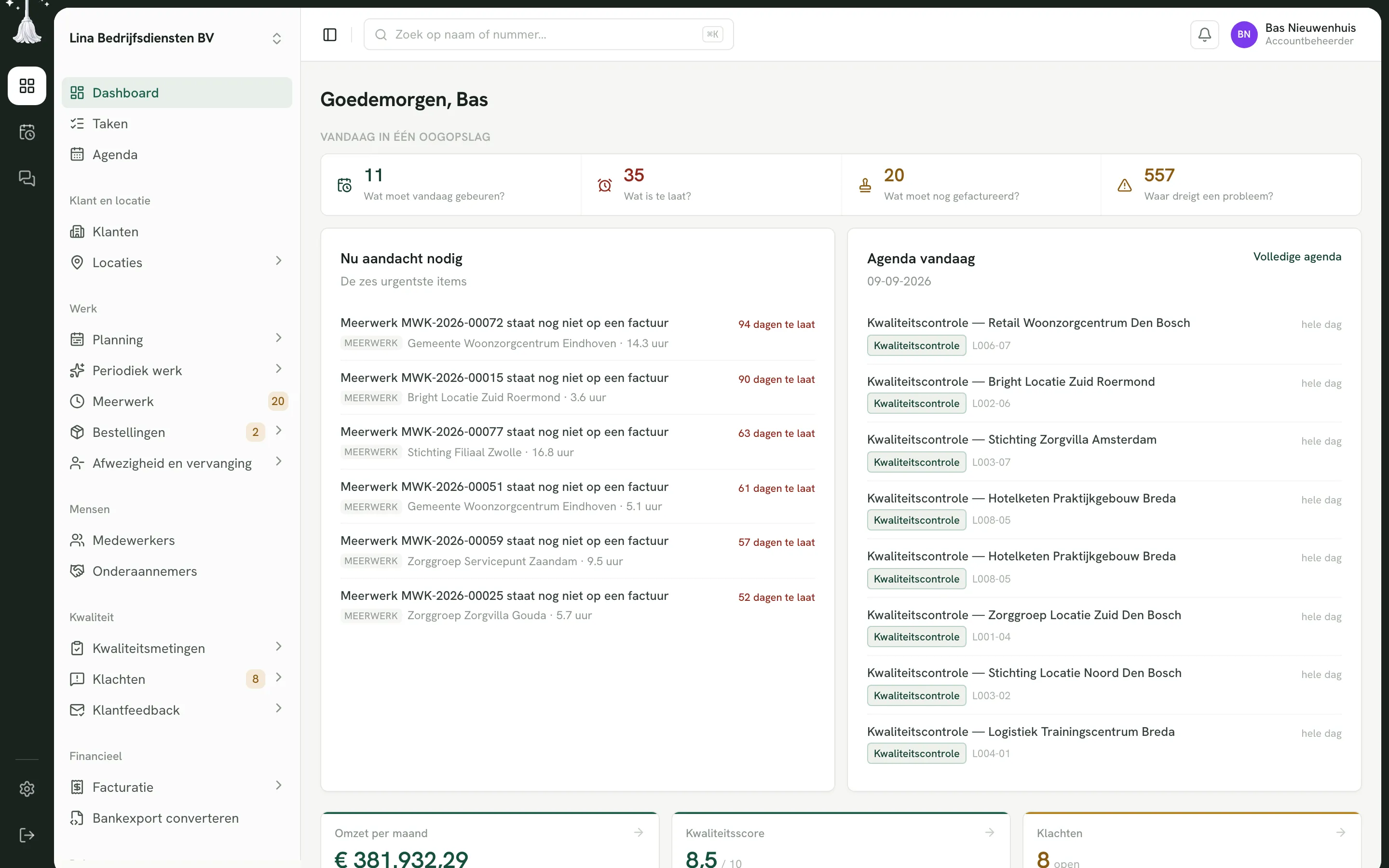 Het dashboard van CleanerTrack: vier tegels met wat vandaag moet, wat te laat is, wat nog gefactureerd moet worden en waar een probleem dreigt, met daaronder de zes urgentste items en de agenda van vandaag.